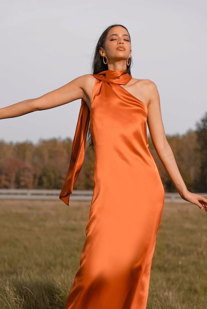 orange satin one shoulder dress Thelma Orange Satin Asymmetric Maxi Dress With One-Sleeve  Club L London