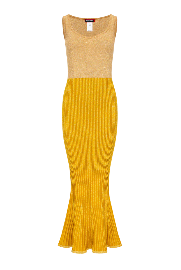 gold knit dress ANDREEVA |Golden Hour Metallic Knit Dress M / Gold
