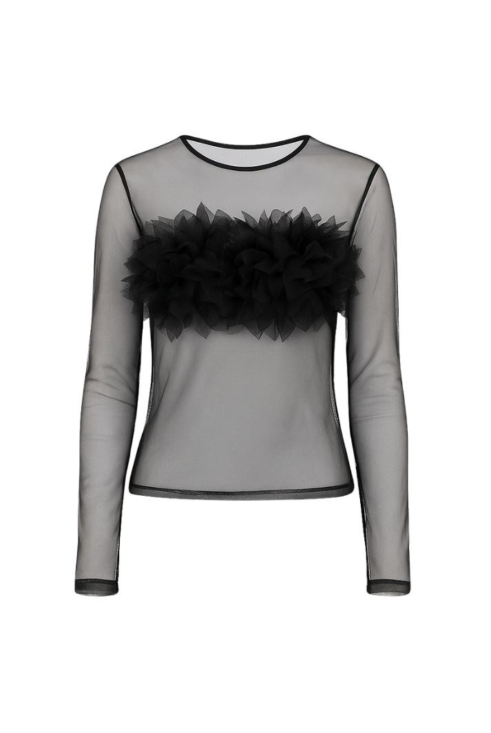 Black Sheer Tulle Top | 3D Floral Appliqué Blouse | BEUNICA