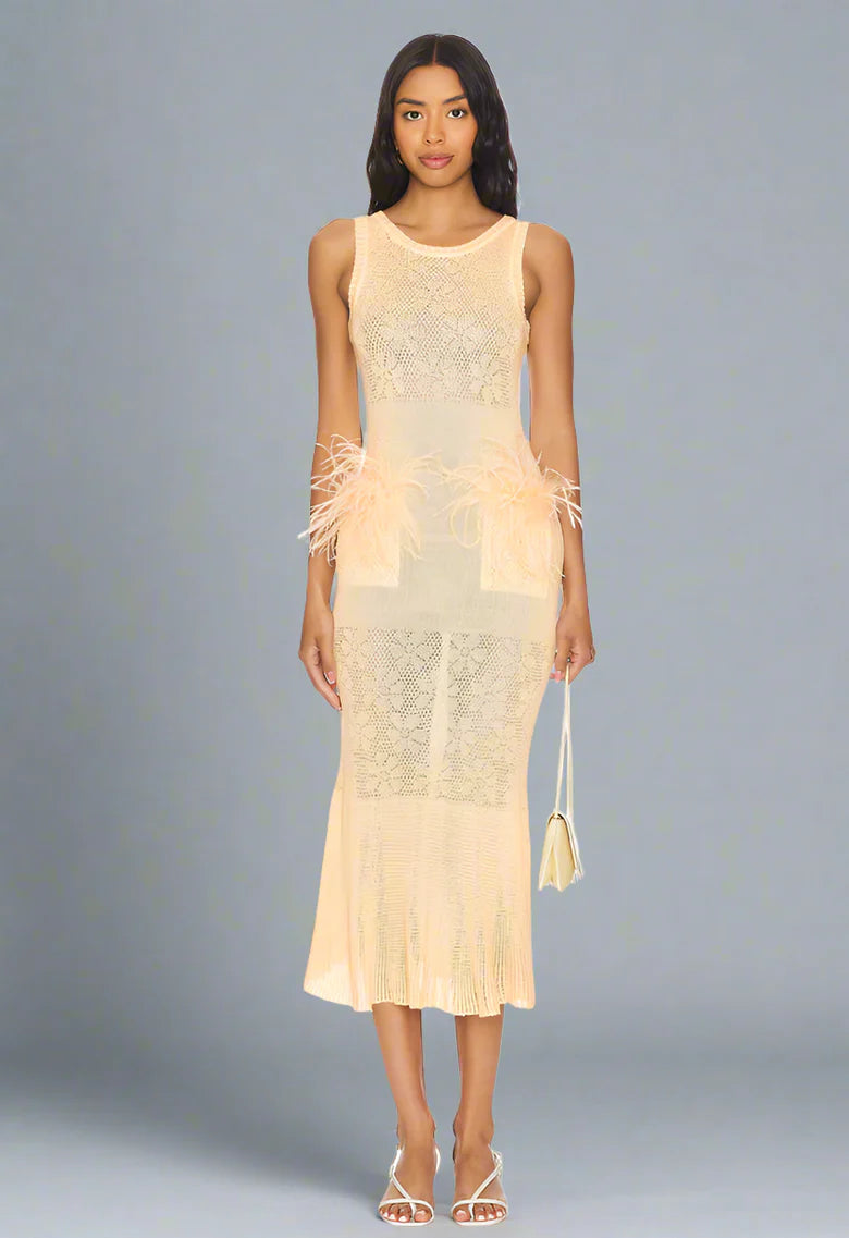 Butter Yellow Knit Midi Dress with Feathers Butter Yellow Knit Midi Dress with Feathers