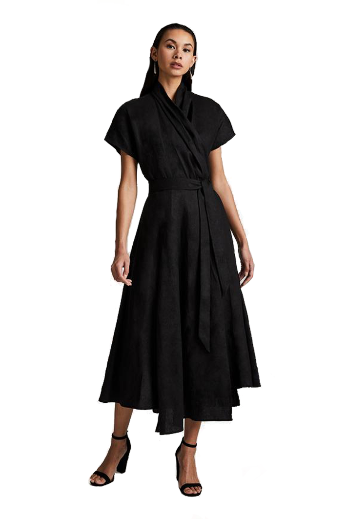 knee length dresses for ladies Black Linen Wrap Midi Dress for Women – Modern Simplicity main image 0