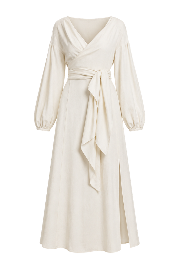 Women's Silk Linen Wrap Maxi Dress in Ivory