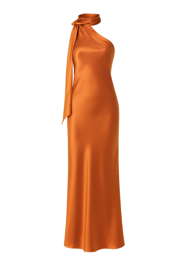 orange satin one shoulder dress Women's Burnt Orange Satin One Shoulder Drape Bodycon Dress