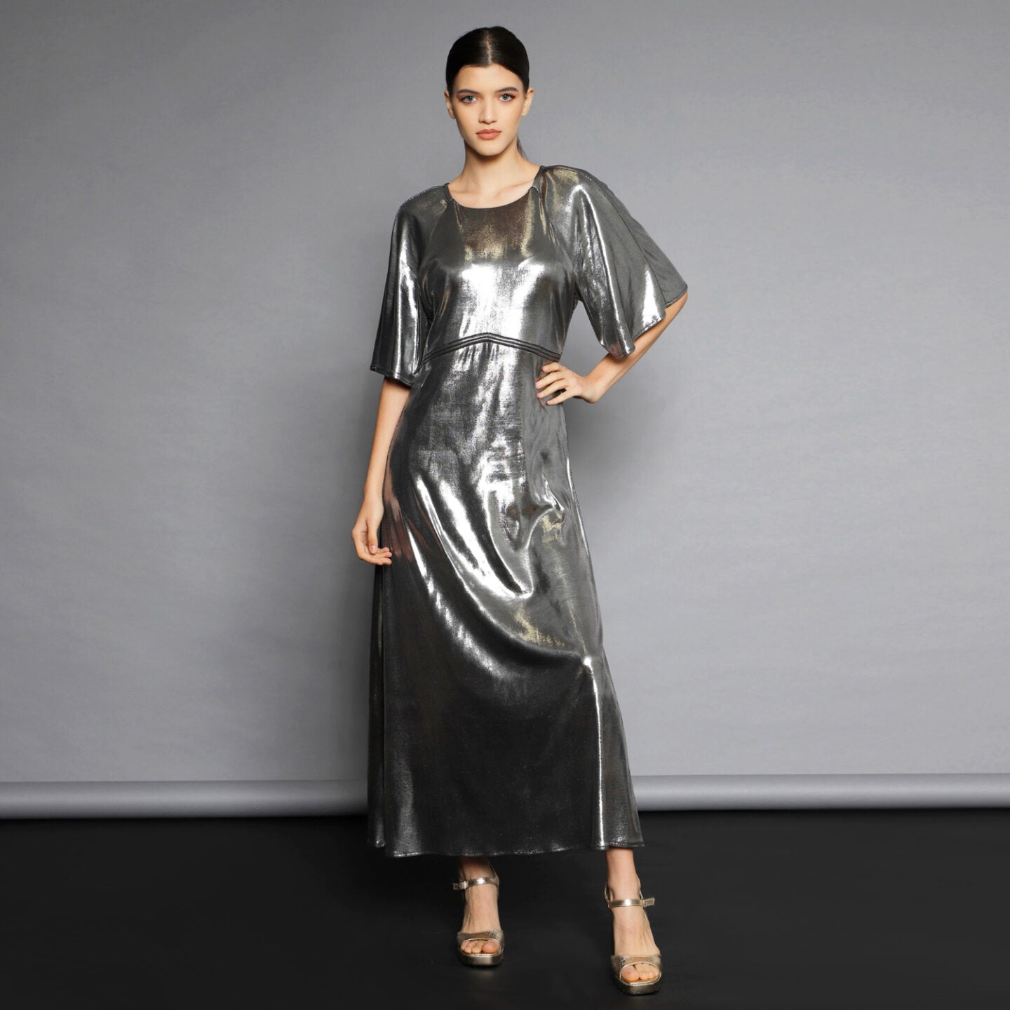 Silver A-Line Midi Dress in Metallic Silver A-Line Midi Dress in Metallic