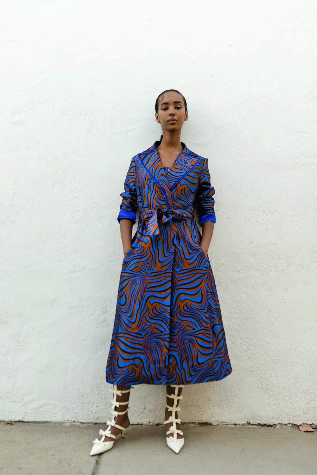 Blue Patterned Belted Coat for Women | Statement Evening Coat