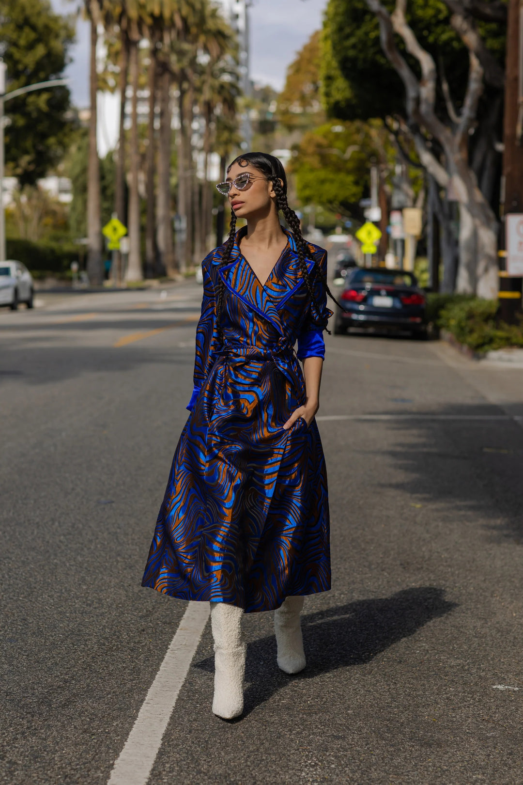 Blue Patterned Belted Coat for Women | Statement Evening Coat