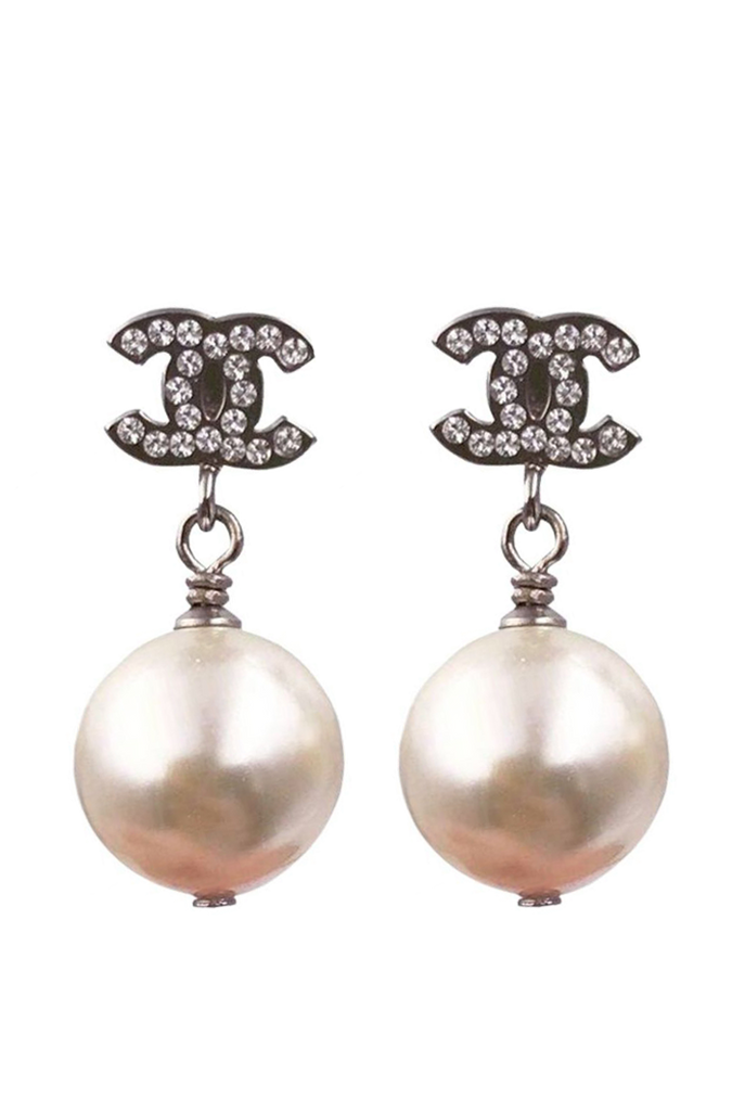 Chanel Silver Crystal CC Faux Pearl Drop Earrings