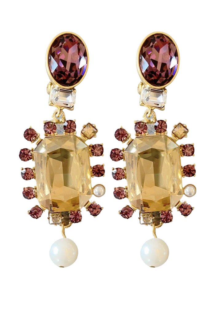 18K Oscar De La Renta outlet Rose Clear Taupe Swarovski Crystals Clip on Drop Earrings