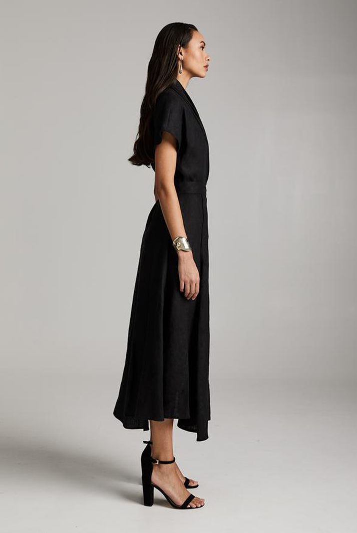 Butterfly Linen Wrap Dress | Black Butterfly Linen Wrap Dress | Black