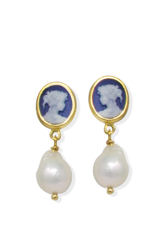 Blue Mini Cameo Pearl Earrings